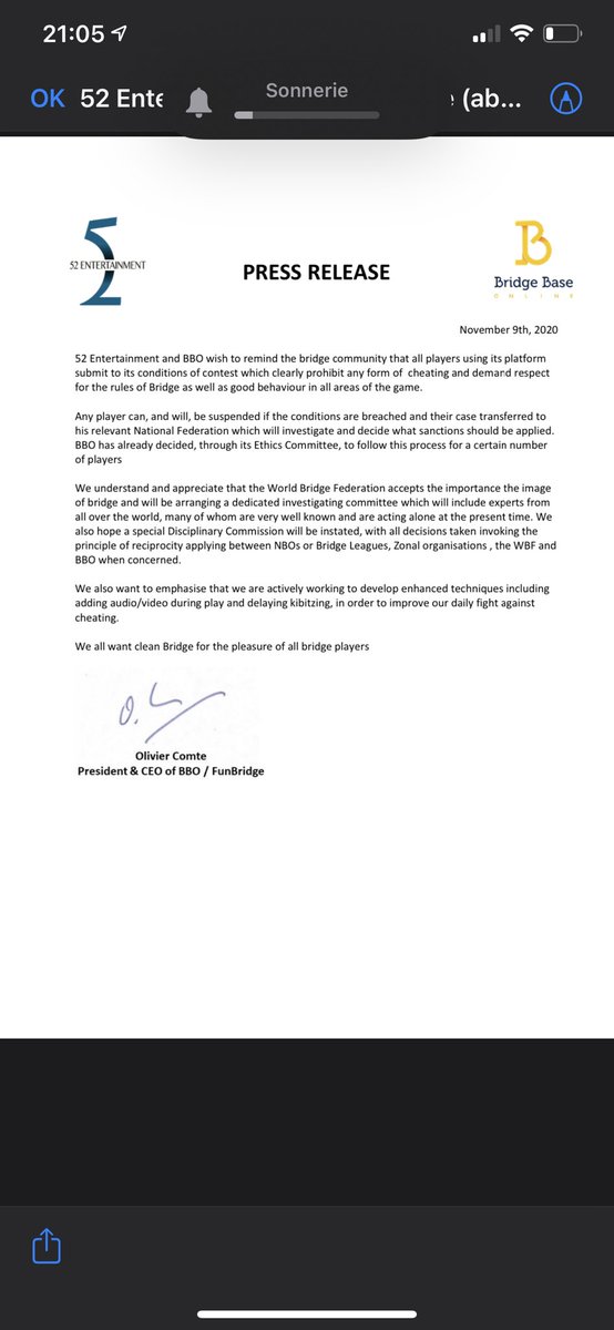 My statement against cheating.
To make it very clear.
<a href="/BridgeBase/">Bridge Base Online</a>