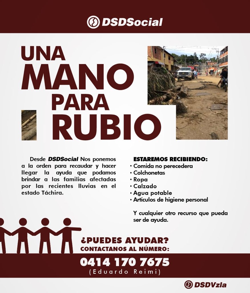 DSDSocial's tweet photo. #ServicioPúblico Desde DSDSocial nos ponemos a la orden para recaudar y entregar insumos a nuestros hermanos de #Rubio estado Táchira quien se han visto afectados por las recientes lluvias #UnaManoParaRubio ❤️

Contáctanos: @EREIMI 0414-170 76 75 Eduardo Reimi, activista https://t.co/vBSTteDr7j