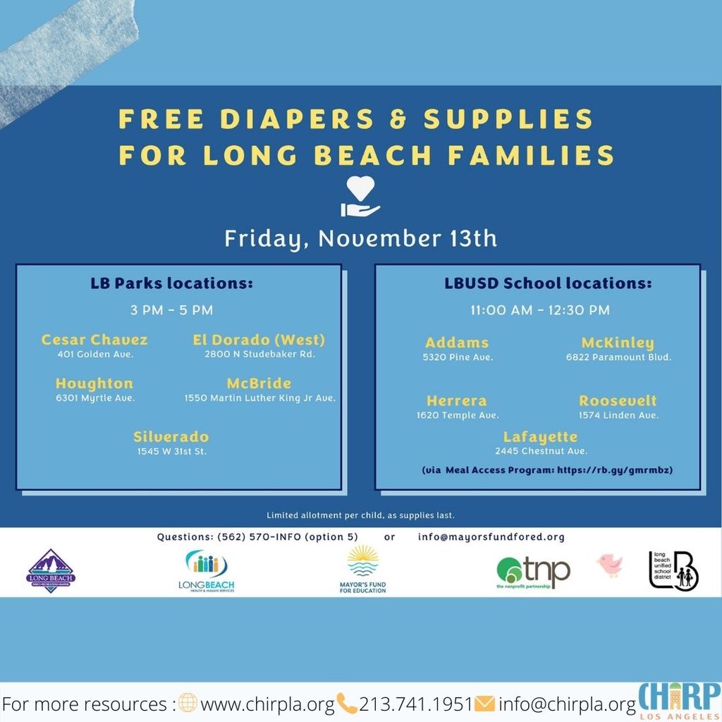 ChirpLosAngeles's tweet photo. Free Diaper & Supplies For Families! Friday, November 13, 2020.
#chirpla #diapers #babywipes #formula #babydiapers #diaperservice #diapersfordays #resources #longbeachresidentsonly #supplies #diapersbag #diapersshouldbefun #freediapersandwipes #freediaperstoo #freediaperskids https://t.co/UAigyBJP6U