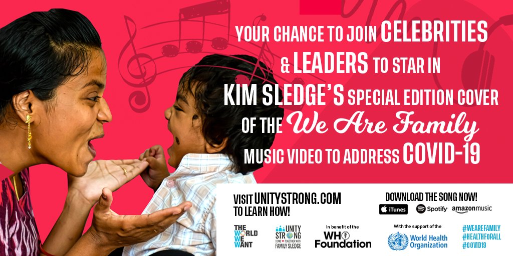 FIFAcom's tweet photo. ❤️ #KimSledge's #WeAreFamily?
⭐️ in a new music video & show your solidarity in the fight against #COVID19. Here’s how:
1. Record yourself singing to the song
2. Share your entry & tag @The_WorldWeWant @WHO @thewhof
3. Upload @ https://t.co/f25PLAHPap
👉 https://t.co/wspn9Z9a47 https://t.co/5rm9HeCGS7