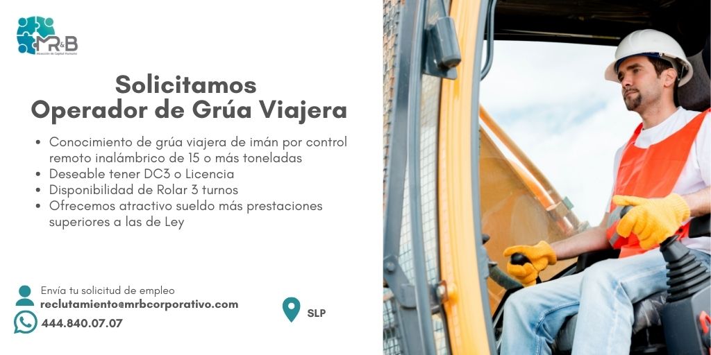 MRBAtraccion's tweet photo. MR&amp;B solicita Operador de Grúa en #SLP.
Envía tu #CV a reclutamiento@mrbcorporativo.com o contáctanos al 444 840 0707.

#vacantes #empleo #MRB #reclutamientoyseleccion #reclutamiento #capitalhumano #atracción #talento #interviewjob https://t.co/nyZi7sxdC7