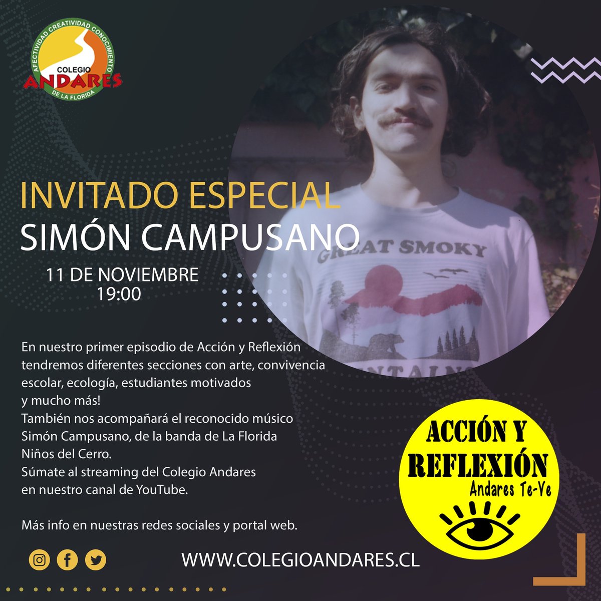 AndaresColegio's tweet photo. Mañana tendremos el live streaming de #AccionyReflexion, #AndaresTeVe a las 19:00!
En nuestro primer episodio tendremos un invitado de lujo! #SimonCampusano, de #NiñosDelCerro ❤️
https://t.co/peAv8Ce8zn https://t.co/6O56rFsOby