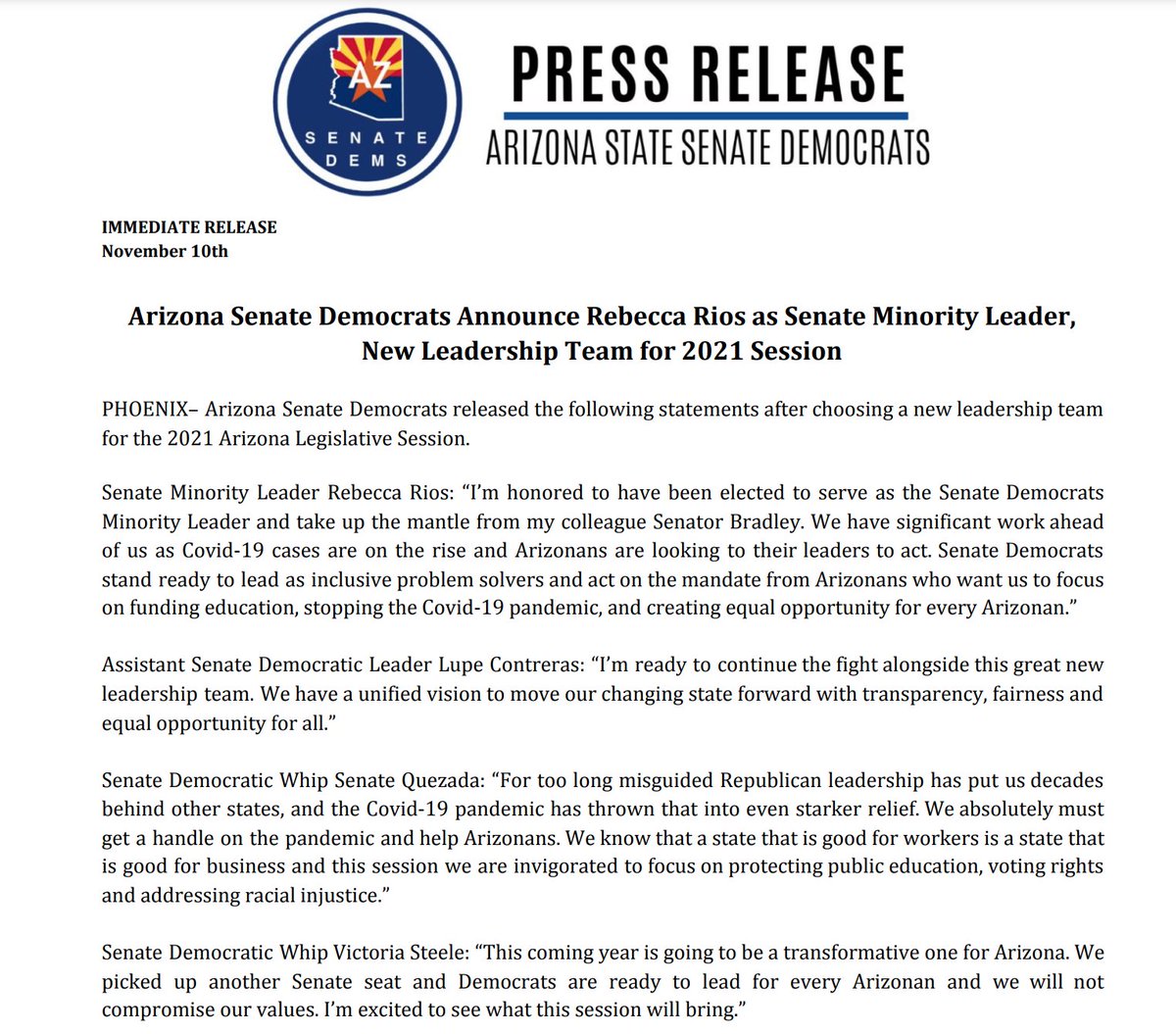 RELEASE: Arizona Senate Democrats announce <a href="/Rios_Rebecca/">Rebecca Rios</a> as Senate Minority Leader &amp; new leadership team for 2021 session #AZLeg
