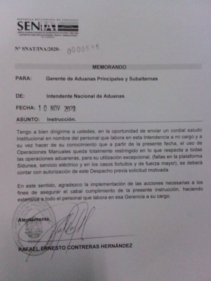 ambitoaduanero's tweet photo. Caracas/Vzla.

Memorando Intendencia Nacional de Aduanas (INA).

No funciona SIDUNEA, ni la luz, cae el sistema telefónico e internet.

"No aplicar planes de Contingencia (RLOA/04-SIDUNEA)."

Efectuar "solicitud motivada" a INA.

Y envíos urgentes,  perecederos, medicinas, etc.? https://t.co/KhtQLOtAp6