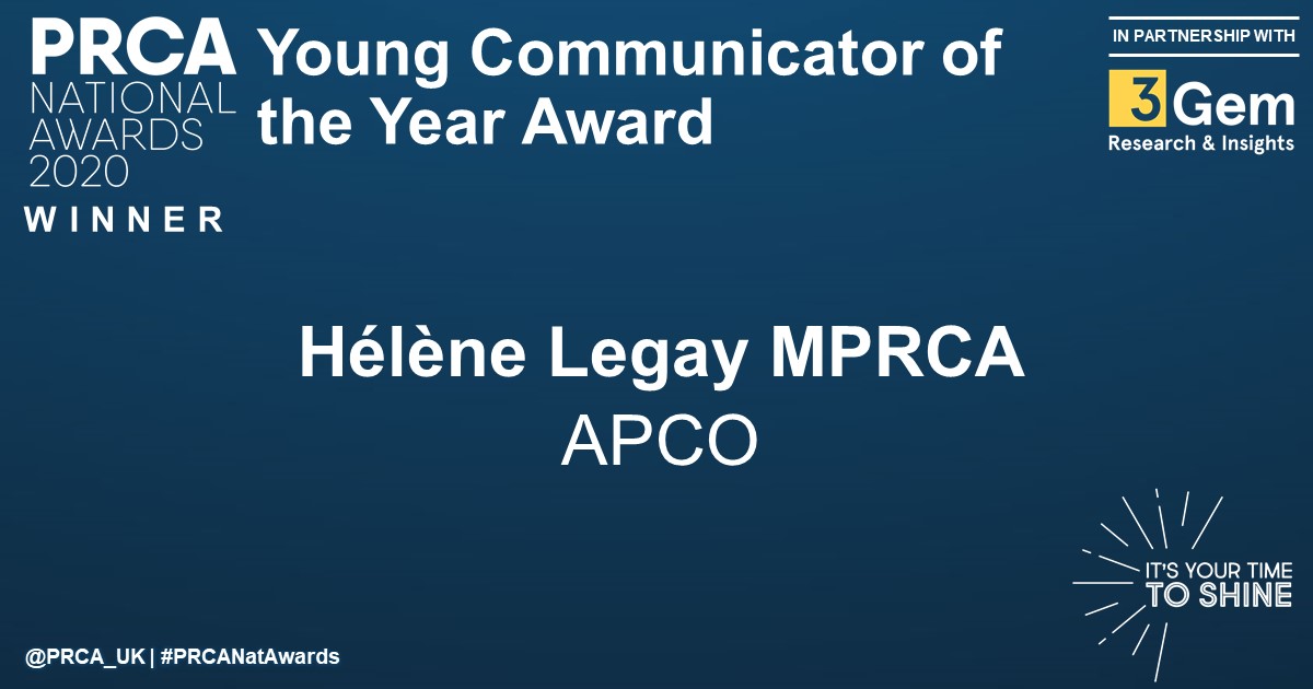 PRCA_HQ's tweet photo. And the winner of the ‘Young Communicator of the Year’ goes to Helen Legay, @apcoworldwide! #PRCANatAwards https://t.co/Y9N8hr4C5X