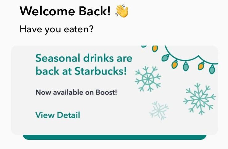 BuffStateDining's tweet photo. Have you checked out our Starbucks updates on the Boost Mobile app! Holiday drinks are now available! Order today!!! #StarbucksButlerLibrary #BoostMobile #HolidaySeason @LifeatBuffState https://t.co/76hGhDwnox