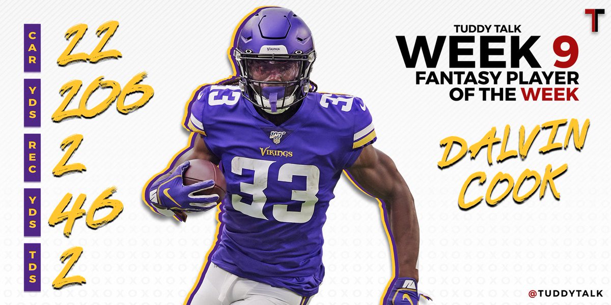 TuddyTalk's tweet photo. Dalvin is on fire 🔥 

For the second straight week, Dalvin Cook is our Fantasy Football Player of the Week! #TuddyTalk #FantasyPlayerOfTheWeek #DalvinCook https://t.co/yYaCvyvJQm