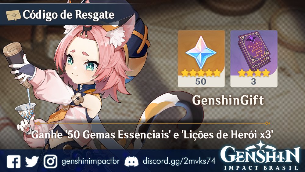 Genshin Impact Brasil on X: Um novo código foi encontrado por um usuário  do reddit, ao usá-lo, você receberá: 'Gema Essencial x50' 'Lições de Herói  x3' GENSHINGIFT Para resgatá-lo, clique no link