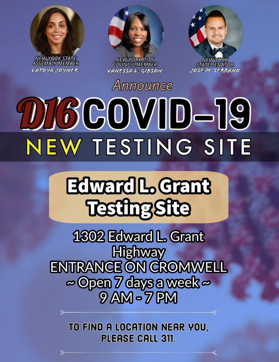 BPGibson2025's tweet image. Reminding our residents in #Highbridge #MountEden and #Concourse of the rapid COVID-19 testing by @NYCHealthSystem located at 1302 EL Grant Highway, entrance on Cromwell Avenue, #Bronx. Monday - Sunday, 9am - 7pm, walk-in’s accepted. Please share!