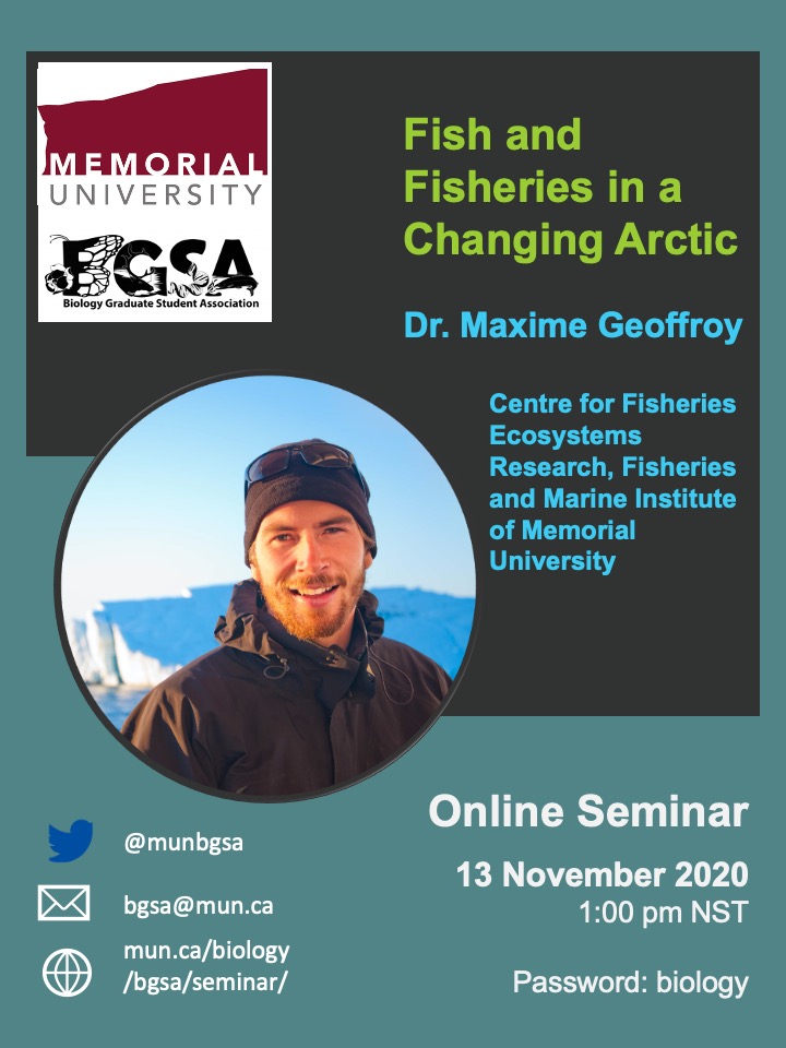 BGSA (@munbgsa) on Twitter photo We are excited to have <a href="/MaximeGeoffroy1/">Maxime Geoffroy</a> present at this week’s seminar, Friday, November 13th! Dr. Geoffroy will be presenting on Fish and Fisheries in a Changing Arctic! (1/2) We are excited to have <a href="/MaximeGeoffroy1/">Maxime Geoffroy</a> present at this week’s seminar, Friday, November 13th! Dr. Geoffroy will be presenting on Fish and Fisheries in a Changing Arctic! (1/2)