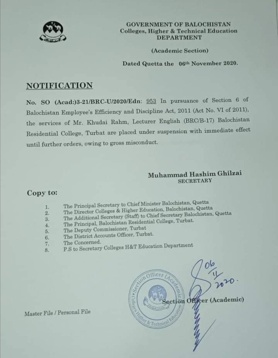 ShoaibDashti4's tweet photo. Khuda Ram Baloch, lecturer of English literature from BRC Turbat, suspended by the selected Government of Balochistan. Day by day BRC Turbat is suffering from suspensions. @HamidMirPAK @sakhtarmengal @Senator_Baloch @MahrangBaloch5 @LiaquatShahwani @ZahoorBuledi @LalaRasheedPK https://t.co/0jub55ET9c