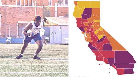 CalHiSports's tweet photo. New state COVID map not encouraging for more schools coming back &amp; football starting up next month.
San Diego, Stanislaus &amp; Sac counties back to purple.
More moved from orange to red (including Contra Costa).
Pretty simple formula to move it in more positive direction. https://t.co/0WzM2ccKSs