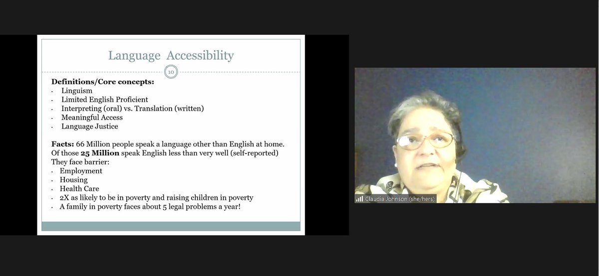 NLADA's tweet photo. Claudia Johnson discusses language barriers in the legal system in the "Removing Barriers for Inclusion: Helping Clients Navigate the Legal System in the Digital Environment" at #NLADA2020 https://t.co/xwKqrQj4rW