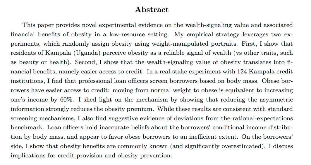 Elisa MacchiJMP: "Worth Your Weight: Experimental Evidence on the Benefits of Obesity in Low-Income Countries"Website:  https://elisamacchi.github.io/ 
