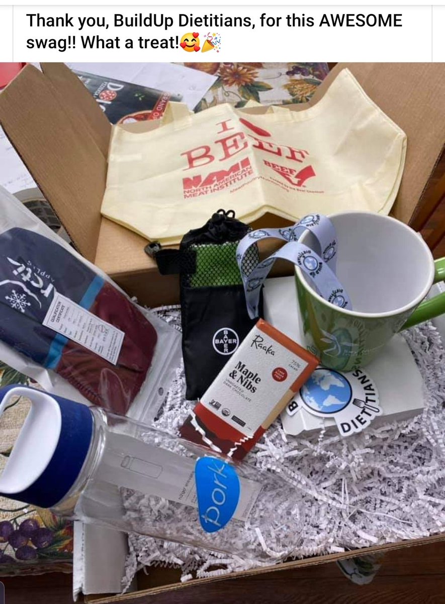BuildUpRDNs's tweet photo. Who doesn't love a good #SwagBox from @swaguphq ?! We had a fun doing #sponsored #VirtualBuildupMeetups with @MeatInstitute @Bayer4CropsUS @SoyConnection @ArcticApples @NationalPork and many of our followers got to hear some great speakers! #rdchat #builduprdns https://t.co/N4T8d5jpKf