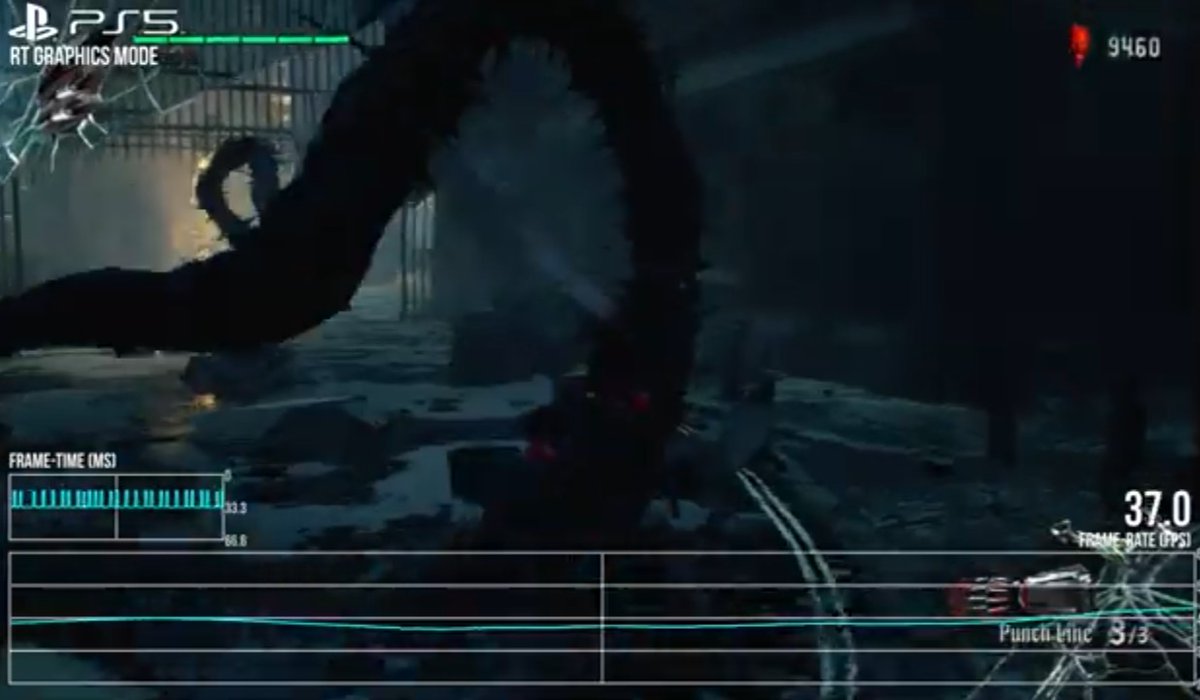 architectu2's tweet photo. Digital Foundry analysis: Devil May Cry 5 on PS5:

-Horrible frame rate, 60fps modes drop below 40fps. 
-120fps mode drops down to 68fps
-RayTracing: Internal resolution confirmed below 1080p, blurry and low quality.
https://t.co/0wVQ9EmfWl https://t.co/xzV79gOy2a