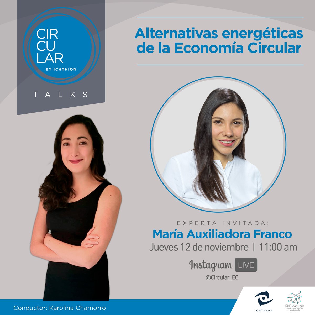CircularEC's tweet photo. #CircularTalks.
Esta semana nos acompaña María Auxiliadora Franco, quien nos hablará sobre las Alternativas Energéticas de este tipo de Economía.
Acompáñanos este Jueves 12 de noviembre a las 11h00 a través de nuestro Instagram Live.
#SomosCircular https://t.co/AQS9hJbdIU