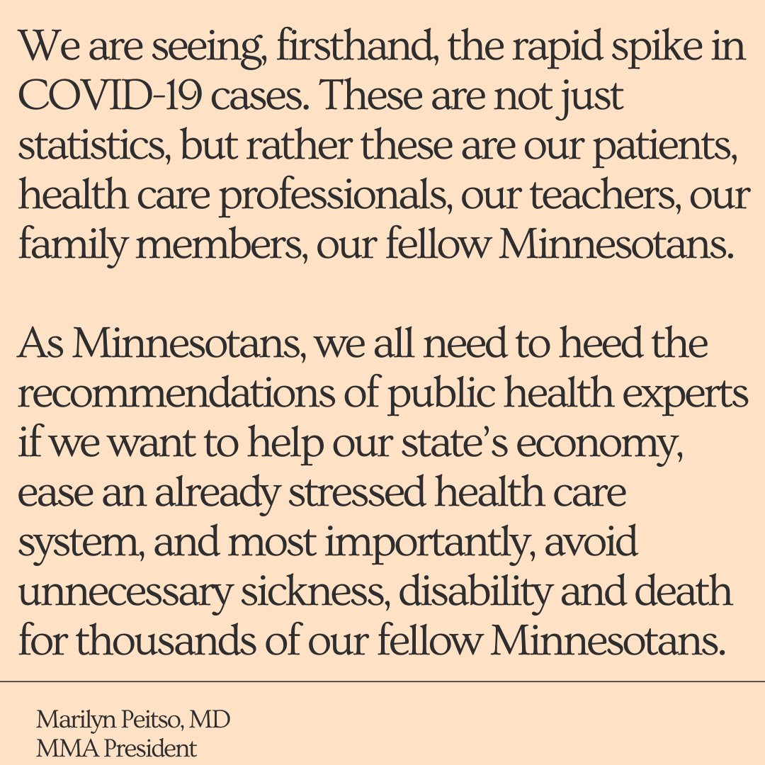 mnmed's tweet photo. [Thread] The Minnesota Medical Association, and its 10,000+ physician, resident and medical student members, want to thank @GovTimWalz  for his decision to take needed action and further restrict opportunities to gather in large groups at bars and restaurants, and at receptions. https://t.co/nBlm4zeE6z