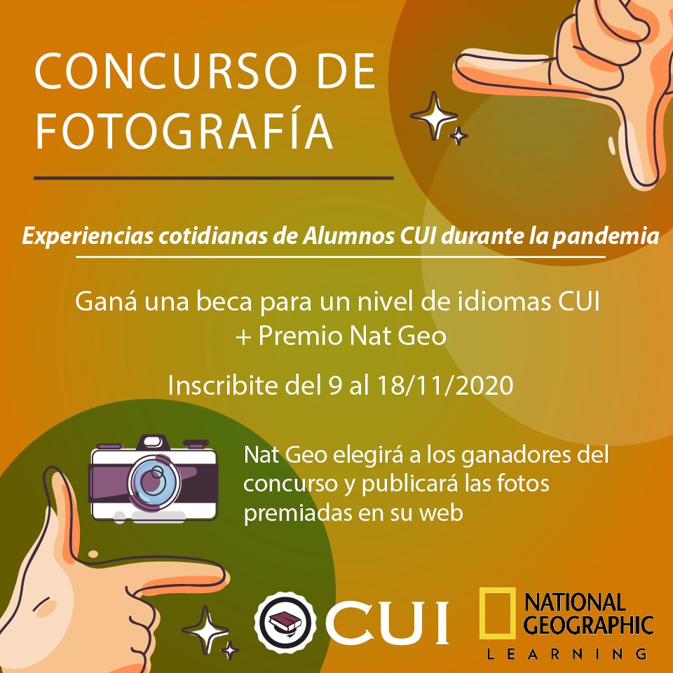 📸Concurso de Fotografía📸
Experiencias cotidianas de Alumnos CUI durante la pandemia.

Inscribite hasta el 18/11
Nat Geo eligirá a los ganadores del concurso y publicará las fotos premiadas en su web. 

Toda la información en este link cui.edu.ar/mailNatGeo-CUI…

<a href="/ExploreInside/">NatGeoLearning</a>