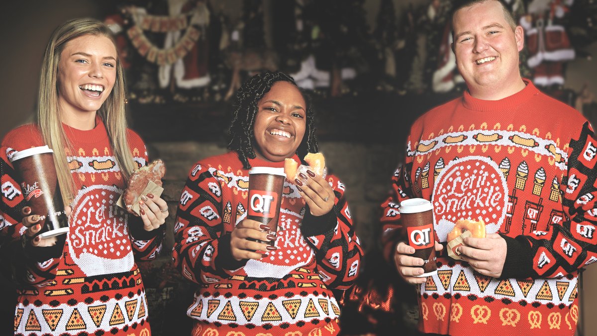 QuikTrip's tweet photo. QT tacky sweaters are here! And they’re more than a fashion statement. They’re a vibe.

If you want in on this ugly goodness, tap the ‘like’ button and tell us your favorite reason for coming to QT. #QTForTheHolidays https://t.co/c5Q9wHF4by