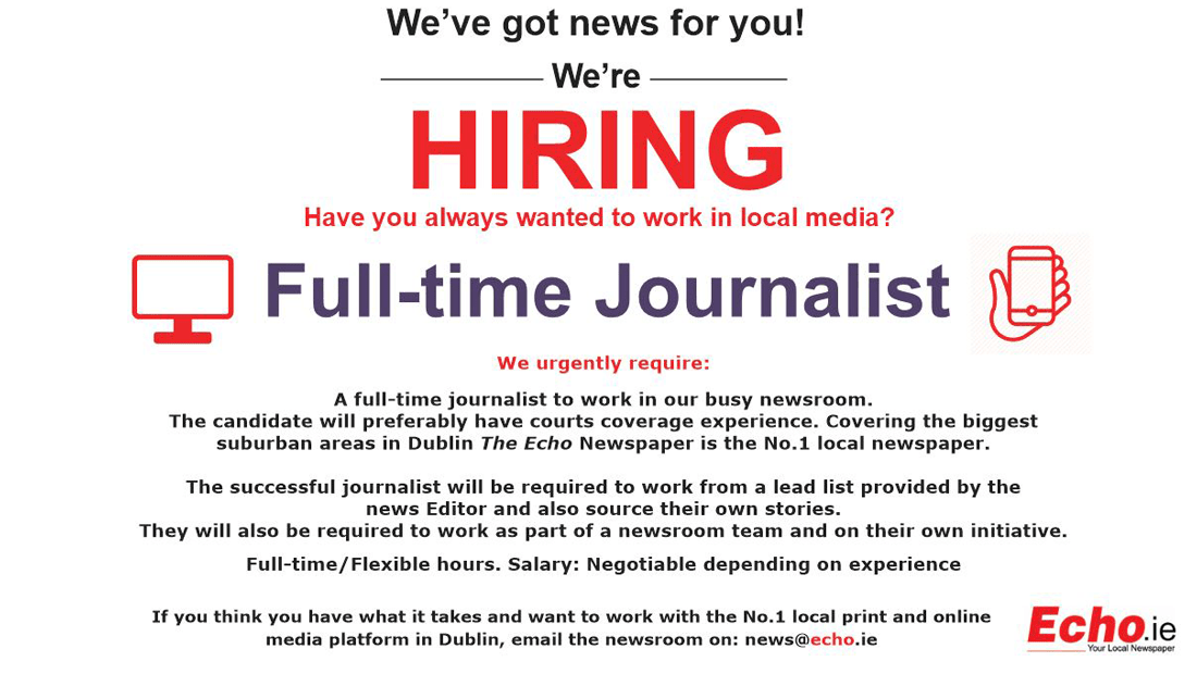 TheEchoOnline's tweet photo. The Echo Newspaper is hiring!  #Tallaght #Clondalkin #Lucan #Ballyfermot
#JobsFairy #RealLocalNews https://t.co/dAFqEV5dCM