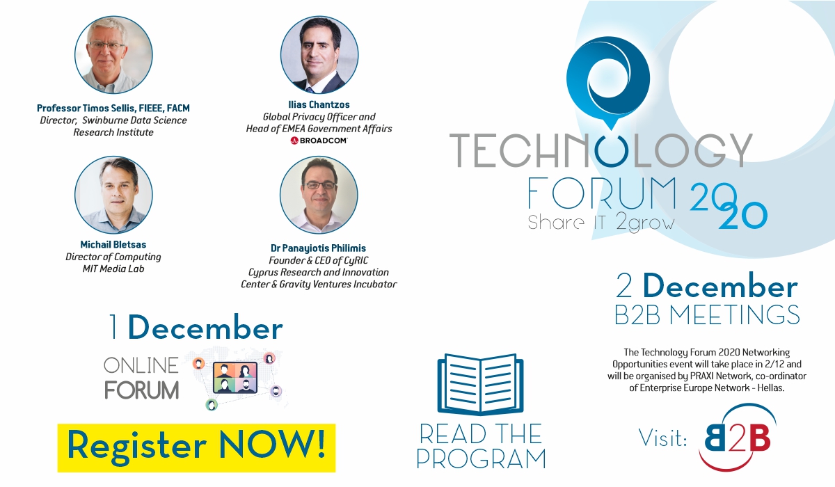 Have a great start of December by attending the '7th Technology Forum'!
1 December | 6 Sessions | 4 Keynote speakers | 11 speakers 
Check the full program 👉 bit.ly/32w0rcA
&amp;
Register now ➡️ bit.ly/35jSbOJ
For B2B meetings register @ bit.ly/3eNKaV3