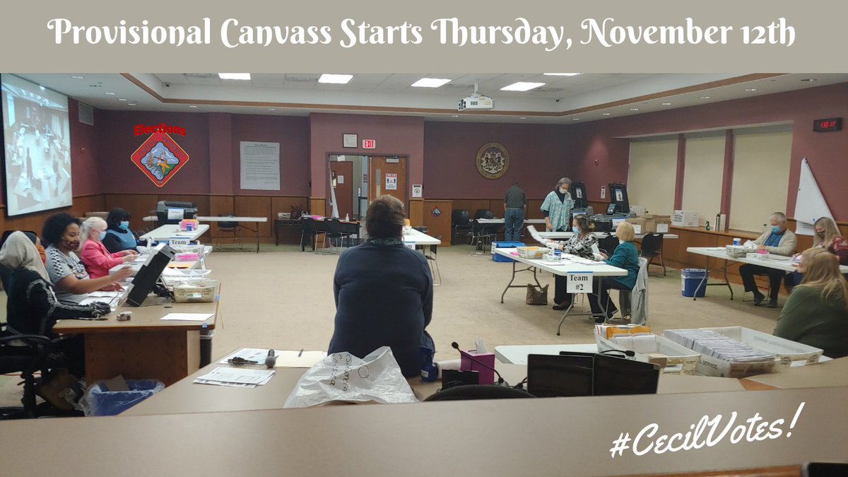 Cecil_Elections's tweet photo. The canvass process continues this week!  We just wrapped up another day of mail-in ballots.  The Provisional canvass starts this Thursday at 10am! 

Register to watch the live stream here: https://t.co/GQyYNtKnZO

#EveryVoteCounts  #CecilVotes #Election2020 https://t.co/xe6cdmCvms