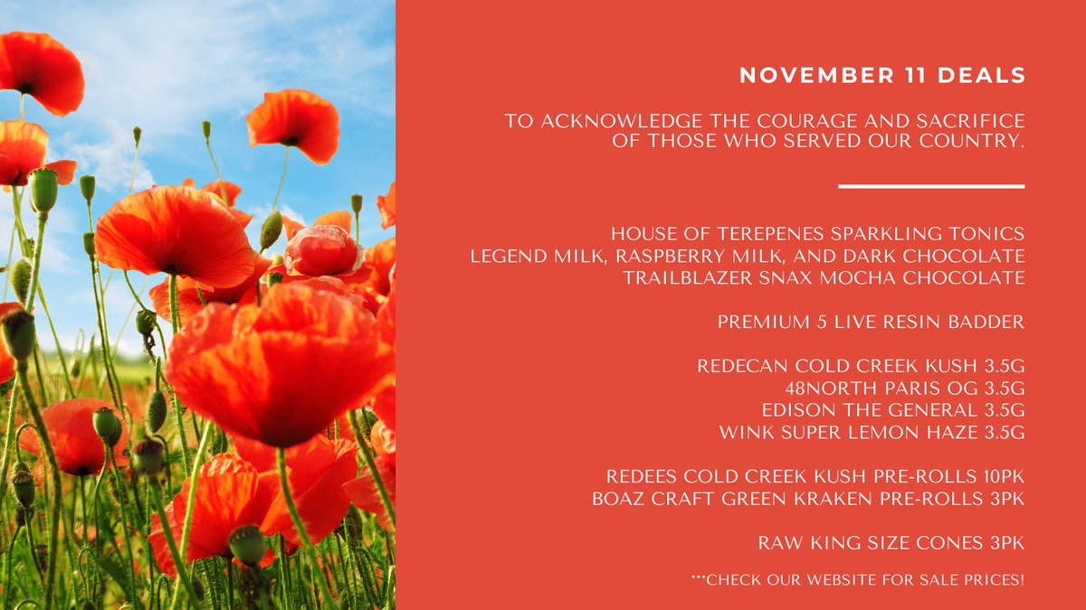 SpiritleafWH's tweet photo. Veterans that present their service card will receive 10% off all products that are not on sale. ⁠We honour those who have sacrificed their lives for our freedom. ⁠
https://t.co/apFP6fcTRJ?
#remembranceday #november11 #spiritleafwesthillhurst #spiritleafcannabis #lestweforget⁠ https://t.co/Hujd4kPZw2