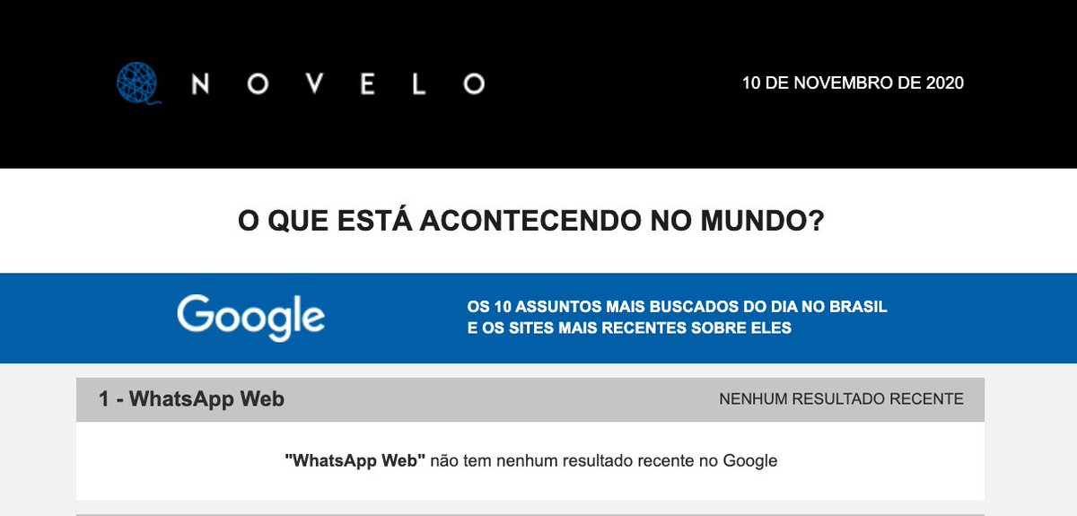 NoveloData's tweet photo. A Novelo Data estreia hoje após meses de elaboração o Pulso, uma newsletter que mostra o que os brasileiros estão buscando no Google, vendo no YouTube e no TikTok, compartilhando no Facebook e lendo na grande imprensa.

É de graça, 2x/dia no seu e-mail.

https://t.co/jUZZCOrmBJ https://t.co/vnXcHcSuqY