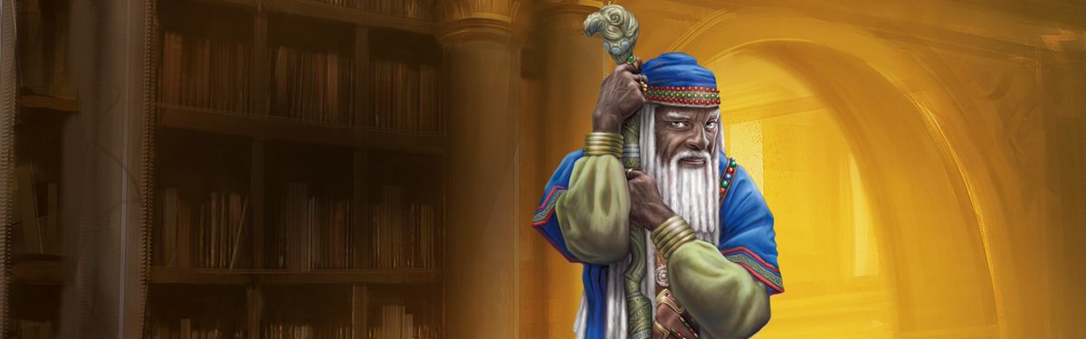 A sagely wizard stands before a well-stocked library.