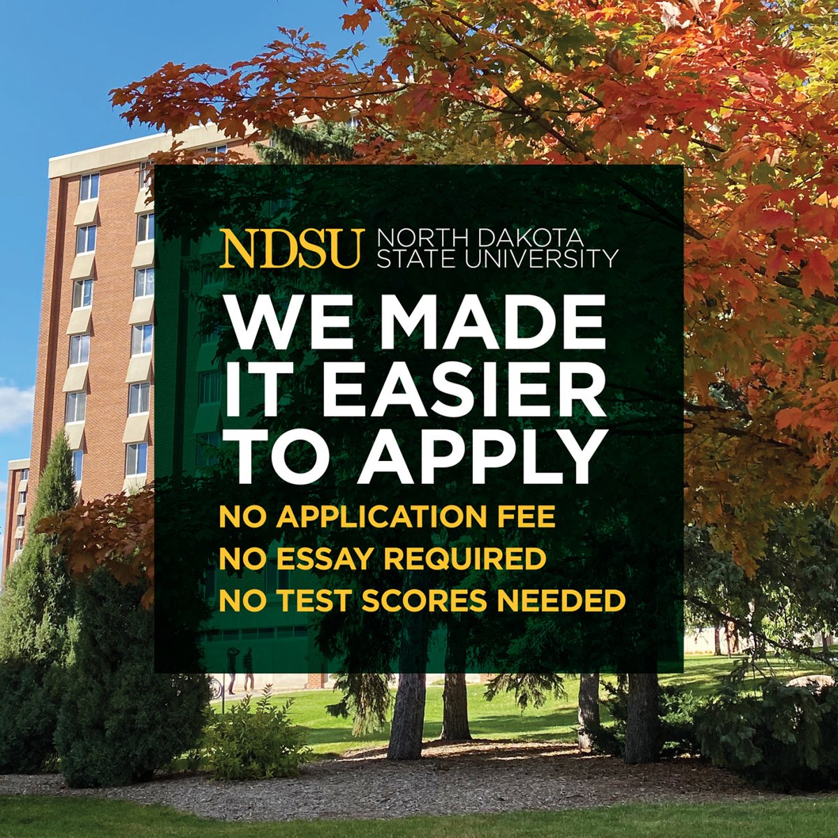 NDSU's tweet photo. Did you hear? It's easier than ever to apply to NDSU.
π€ No application fee
π€ No essay required
π€ No test scores needed
We encourage you to complete your application prior to December.
β‘οΈ https://t.co/pLFaDf5NnM
#HelloGreenAndYellow #ExperienceNDSU https://t.co/yXr3fAlj9k