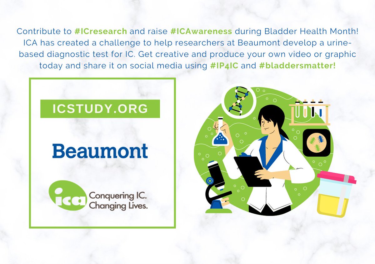 ICHelp's tweet photo. Create your own IC Study video or graphic and use #IP4IC and #bladdersmatter to participate in ICA's Bladder Health Month Challenge...and win IC-related prizes!! @BeaumontHealth @HappyBladderLab https://t.co/qf2AN9SGXR