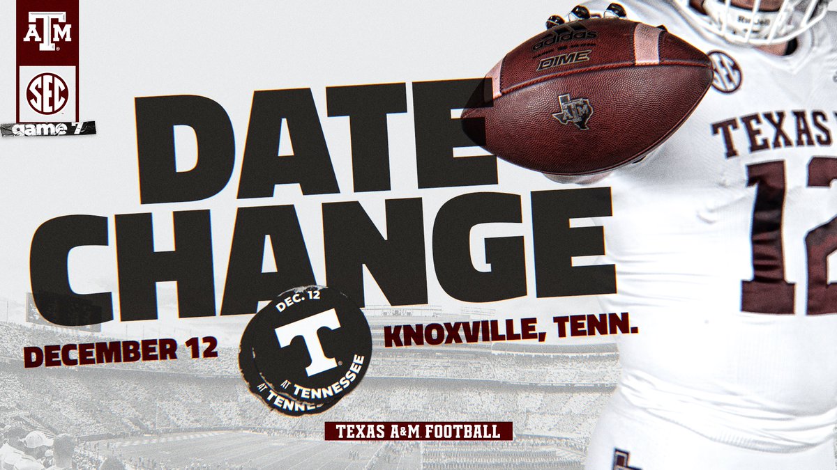 AggieFootball's tweet photo. ⚠️ SCHEDULE UPDATE:

Saturday's game at Tennessee has been postponed and rescheduled for December 12.

#GigEm https://t.co/ieD2VpS99F