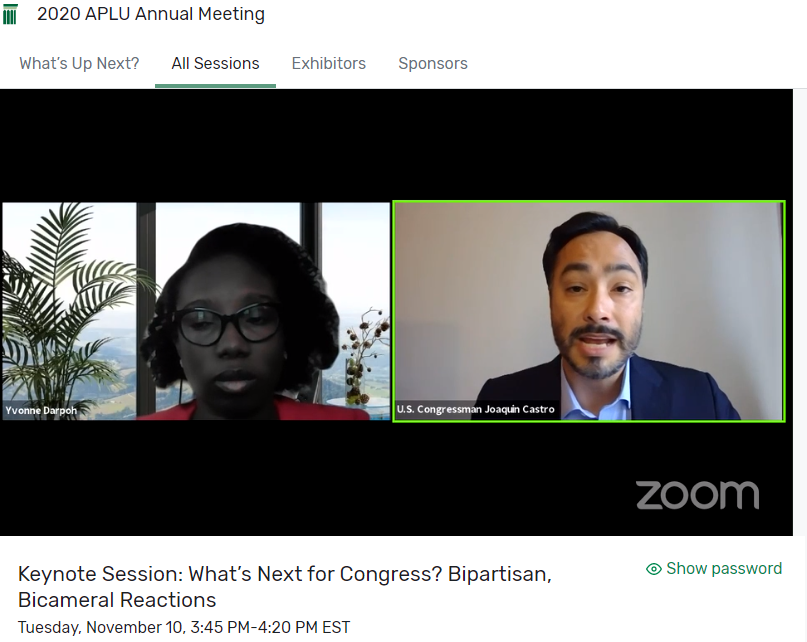 travisyork's tweet photo. Rep @JoaquinCastrotx pushes US Congress to come together to pass the needed #COVID19 Relief Act to support #PublicUniversities as they continue to serve their communities. @USHouseNews @ASHE_CPPHE #APLU2020 https://t.co/vGJeOJwT0O