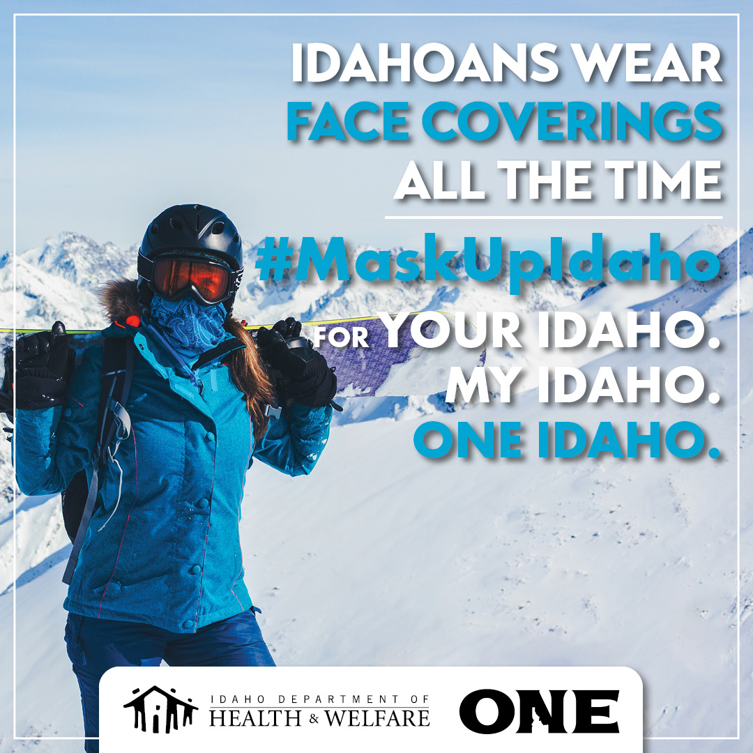 IDHW's tweet photo. Snowboarders and skiers know that Idahoans wear masks for many reasons, and now we have one more reason to wear a mask to protect ourselves and others. #MaskUpIdaho #YourIdahoMyIdaho #OneIdaho https://t.co/H5apP9I7Yw