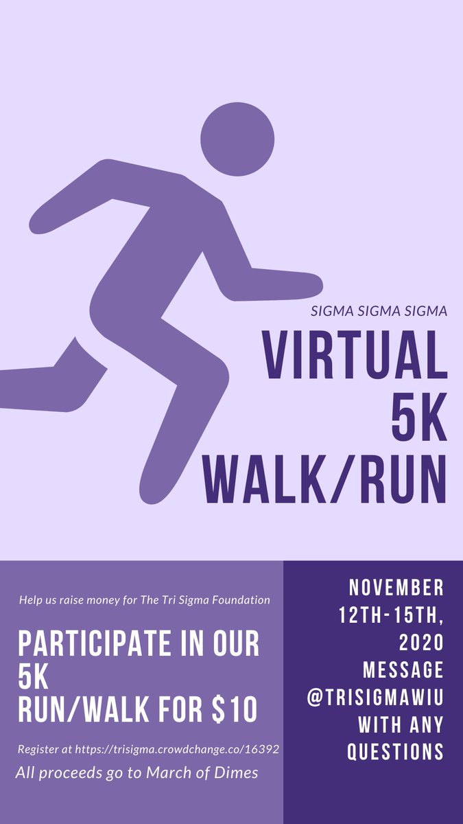 TriSigmaWIU's tweet image. Only TWO more days until our Virtual 5k  begins! To sign up and support the Tri Sigma Foundation click the link &amp;amp; DM us with any questions you may have!🤍
trisigma.crowdchange.co/16392

1st place: $20 Amazon Gift Card 
2nd place: $15 Amazon Gift Card 
3rd place: $10 Amazon Gift Card