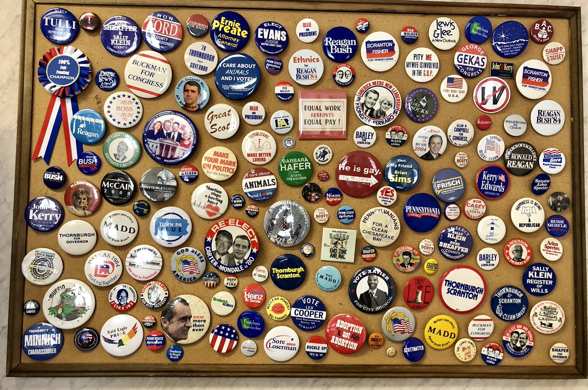 It’s got very little do with partisan politics and a lot to do with history for me. Some of my favorites are the George Bush and Ronald Reagan era campaign buttons. I’ve even got a button that my Mom wore working the phones on my first campaign.