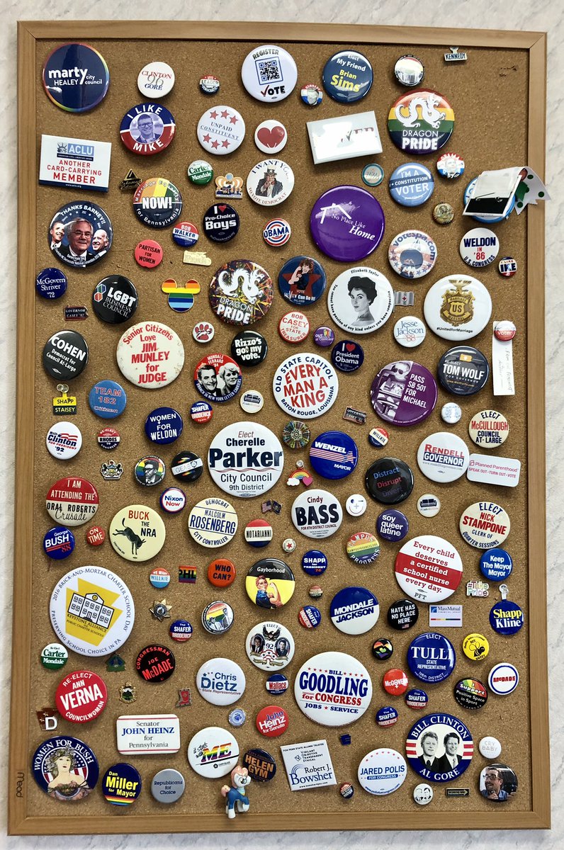 The collection started with a Geraldine Ferraro button and several JFK buttons after that. Some of my favorites are the Trans Delegate buttons worn by Babs Sapertsein to several DNC Conventions and the “Black Power” button. There’s a lot of  #Pride on the wall as well.