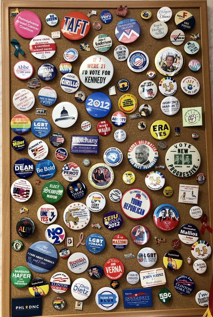 The collection started with a Geraldine Ferraro button and several JFK buttons after that. Some of my favorites are the Trans Delegate buttons worn by Babs Sapertsein to several DNC Conventions and the “Black Power” button. There’s a lot of  #Pride on the wall as well.