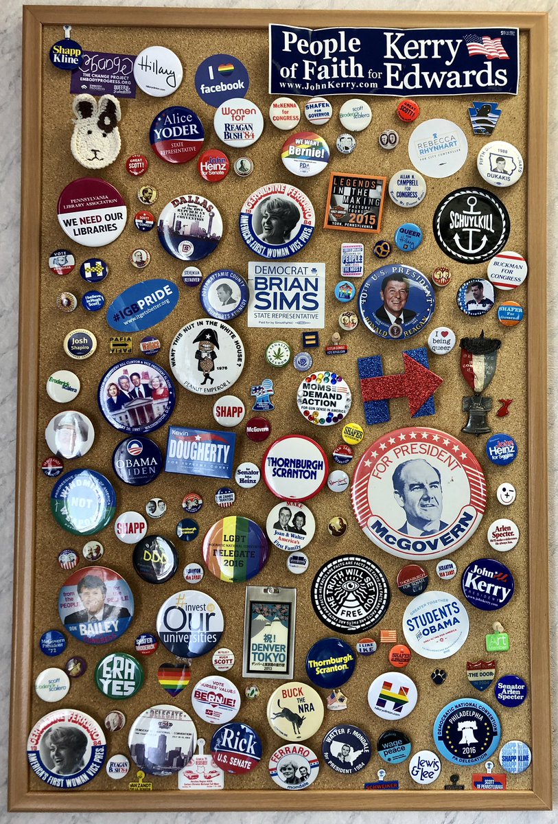 The collection started with a Geraldine Ferraro button and several JFK buttons after that. Some of my favorites are the Trans Delegate buttons worn by Babs Sapertsein to several DNC Conventions and the “Black Power” button. There’s a lot of  #Pride on the wall as well.