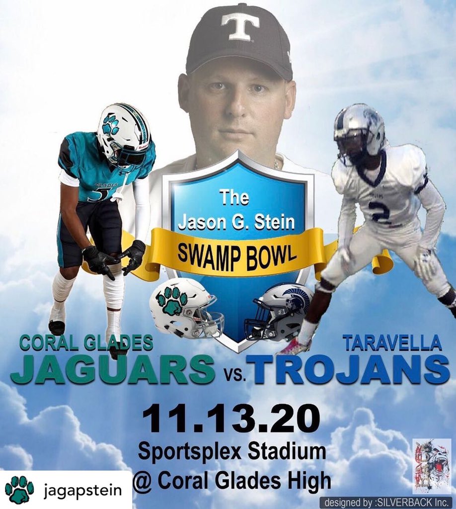 Coralgladeshigh's tweet photo. Old rivalry, new name! The annual swamp bowl game will now be honoring, Jason Stein- AD of JPT who we lost to COVID! Coach Stein was the husband of Ms. Stein AP of Coral Glades. Please come out and support both teams as the rivalry continues. @jptprincipal @CoralSpringsFL https://t.co/dpy1XNHiHU