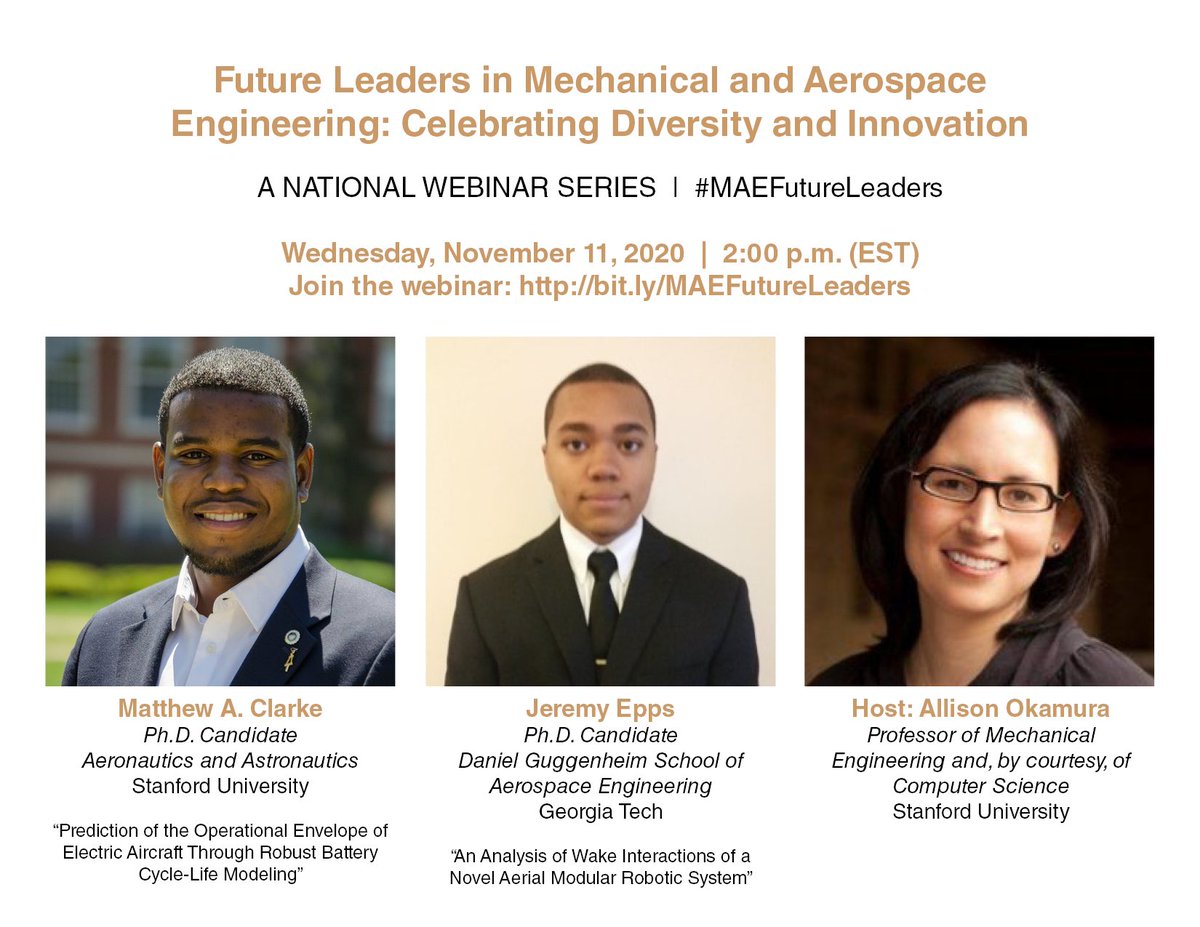 Please join us for the next Future Leaders in Mechanical and Aerospace Engineering seminar this Wednesday 11/11/2020 at 2 pm EST.  bit.ly/MAEFutureLeade… #MAEFutureLeaders <a href="/GTaerospace/">GTaerospace</a> <a href="/MEGeorgiaTech/">Georgia Tech ME</a> <a href="/arlnetworkorg/">ARL Network</a> <a href="/ASMEdotorg/">ASME.org</a> <a href="/aiaa/">AIAA</a>