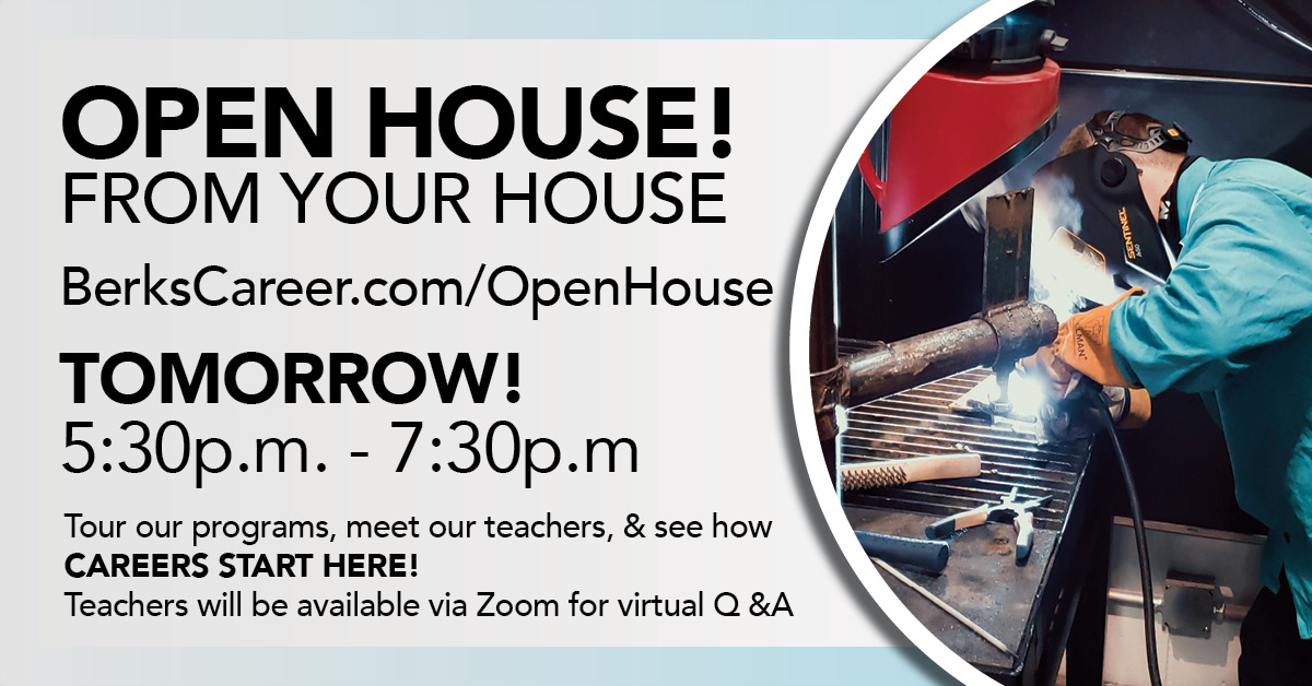 BerksCareer's tweet photo. TOMORROW IS THE DAY! Join us at https://t.co/WKmZbaqZMB from 5:30 to 7:30p.m. to virtually tour our programs and meet our Instructors, Counselors and Staff, via Zoom! https://t.co/l2r0ZwIN8Z