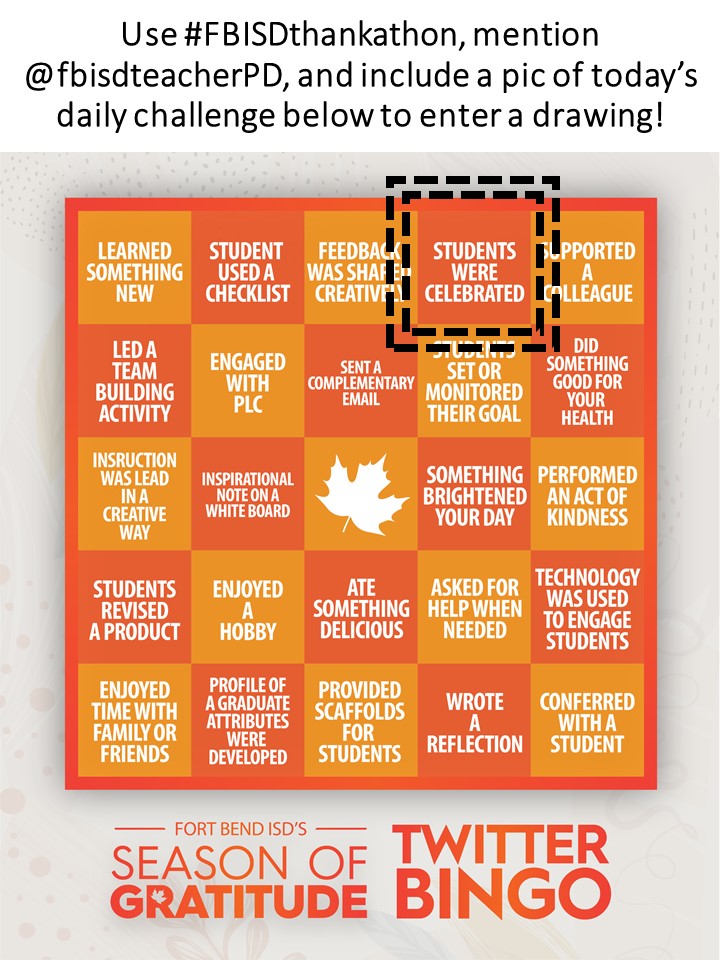 fbisdteacherPD's tweet image. Get ready for another FBISD Twitter BINGO Daily Challenge! Post a pic of yourself completing the BINGO board activity in this pic and include #FBISDthankathon to enter to win today&apos;s prize.