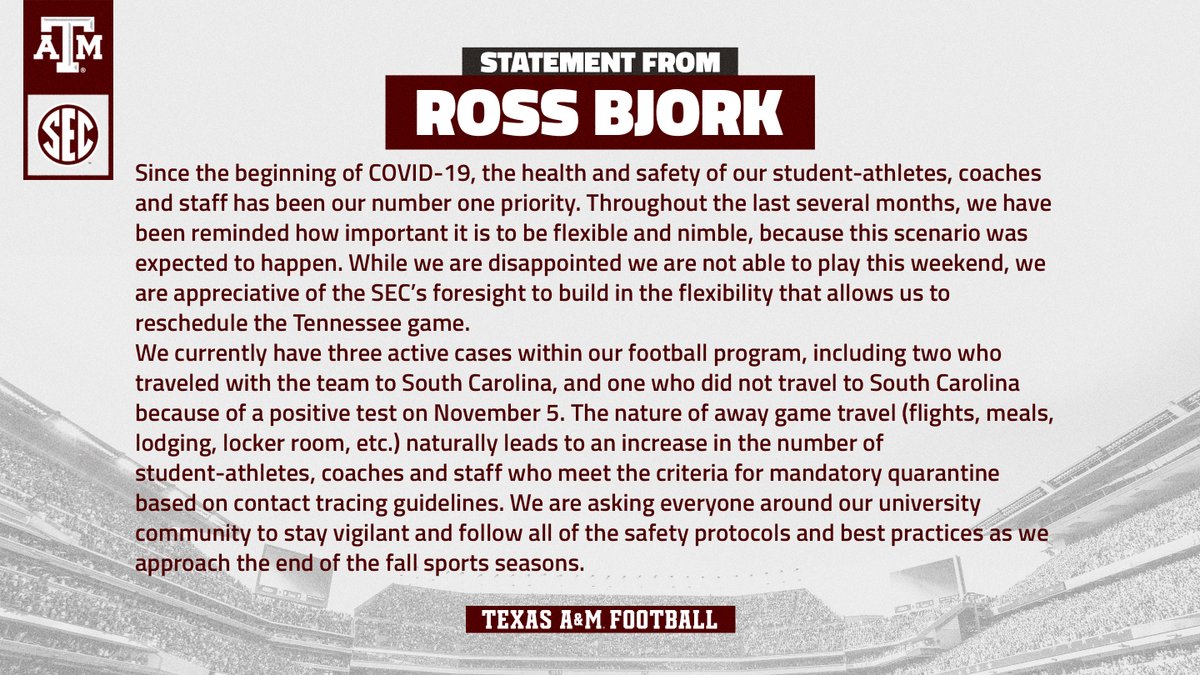 AggieFootball's tweet photo. Statement from @RossBjorkAD: https://t.co/7vngElw8yy