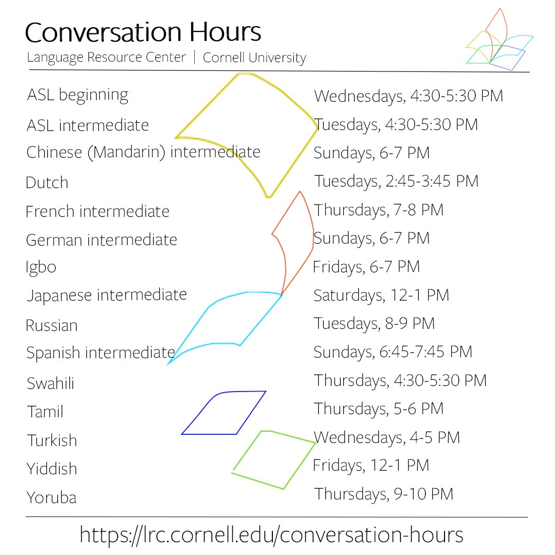 CornellLRC's tweet photo. Hey language learners! Join the @CornellLRC #conversationhours. ASL and Turkish on Wednesdays. See you then!
Links at https://t.co/J9lkjYC4Ay
#ASL #Turkish #Chinese #Dutch #French #German #Igbo #Japanese #Russian #Spanish #Swahili #Tamil #Yiddish #Yoruba
@CornellCAS @CornellNES https://t.co/OoGL4jUyjq