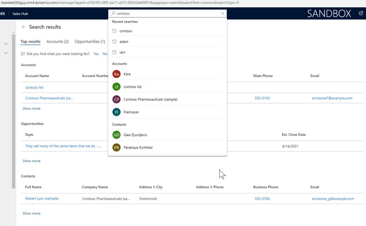 Bearded365Guy's tweet photo. Have you enabled the new search experience in #Dynamics365 yet? 
It provides a history of recent searches, records viewed and the results page is just so clean. 
It fits so organically with other application search interaction. 
#Microsoft #newexperience #loveit https://t.co/ywWpCO3O3D