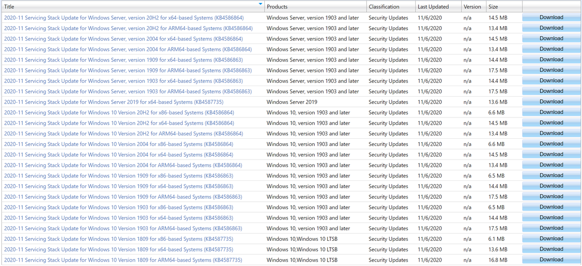 WZorNET's tweet photo. 😉📢⚙️November 10, 2020 #ServicingStackUpdate's for Windows 10 Version's 1809, 1903, 1909, 2004, 20H2 and for Windows Server 2019 (Version 1809) #LTSC / Windows Server #SAC Version's 1903, 1909, 2004 on #MicrosoftUpdateCatalog👉https://t.co/4p6zthcssM https://t.co/pritKxK9Ix