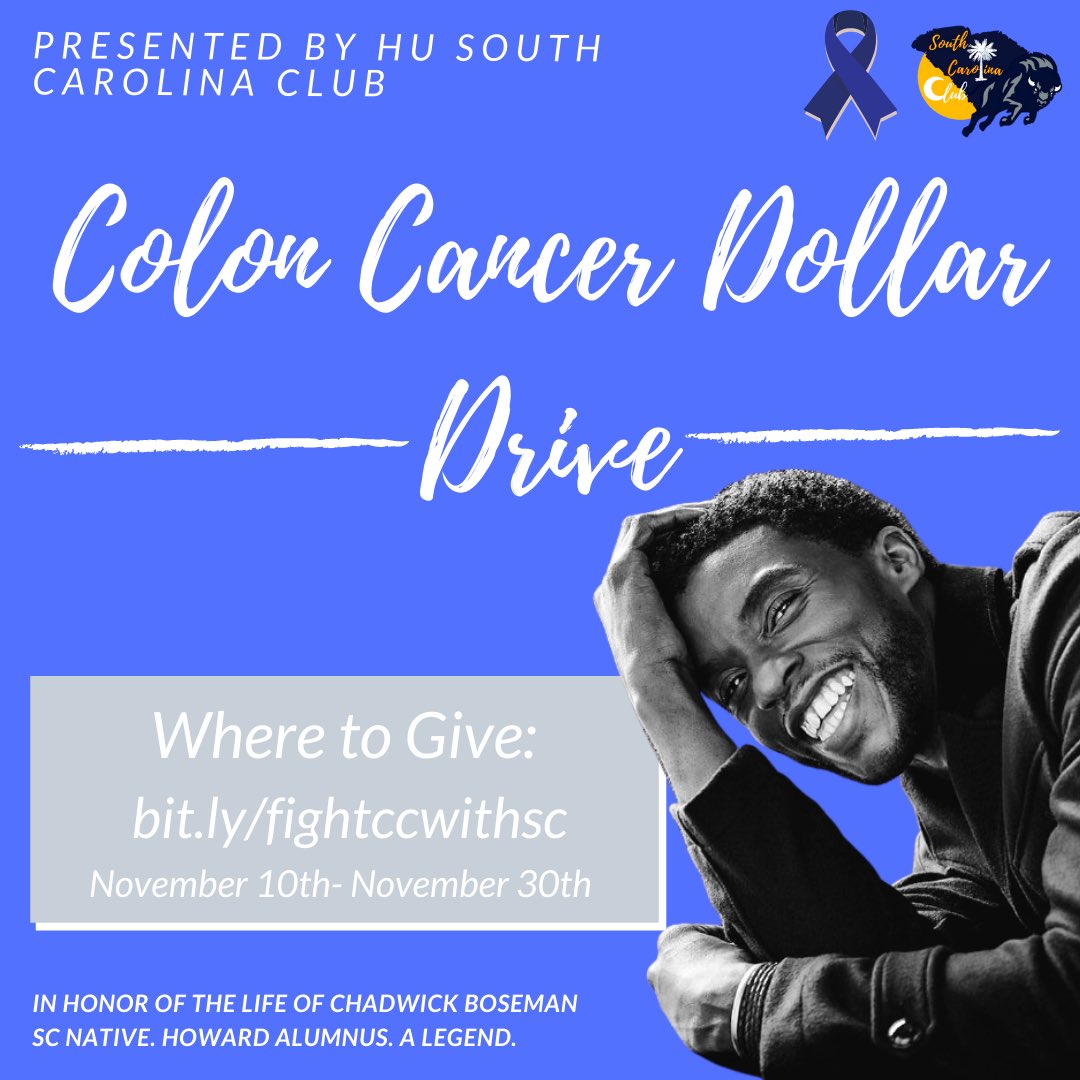 HUSCBison's tweet photo. To honor the life of our dear Chadwick Boseman, we are hosting a Colon Cancer Dollar Drive to celebrate Chadwick during his birth month. Proceeds will be donated to the Colon Cancer Coalition. We are asking that you give at least $1 in support of our goal! https://t.co/aQTz0Be9hB https://t.co/Uf2mB4V3SD