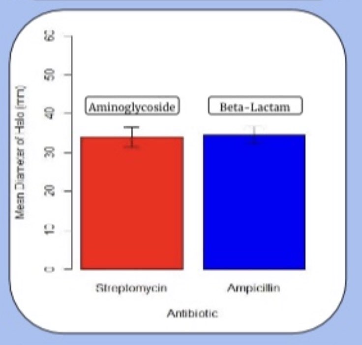 After statistical analysis of the mean diameter of some of inhibition for each experimental replicate, we found that there was no statistical difference between either treatment. Thus, our finding disagreed with our original hypothesis. [3/4]